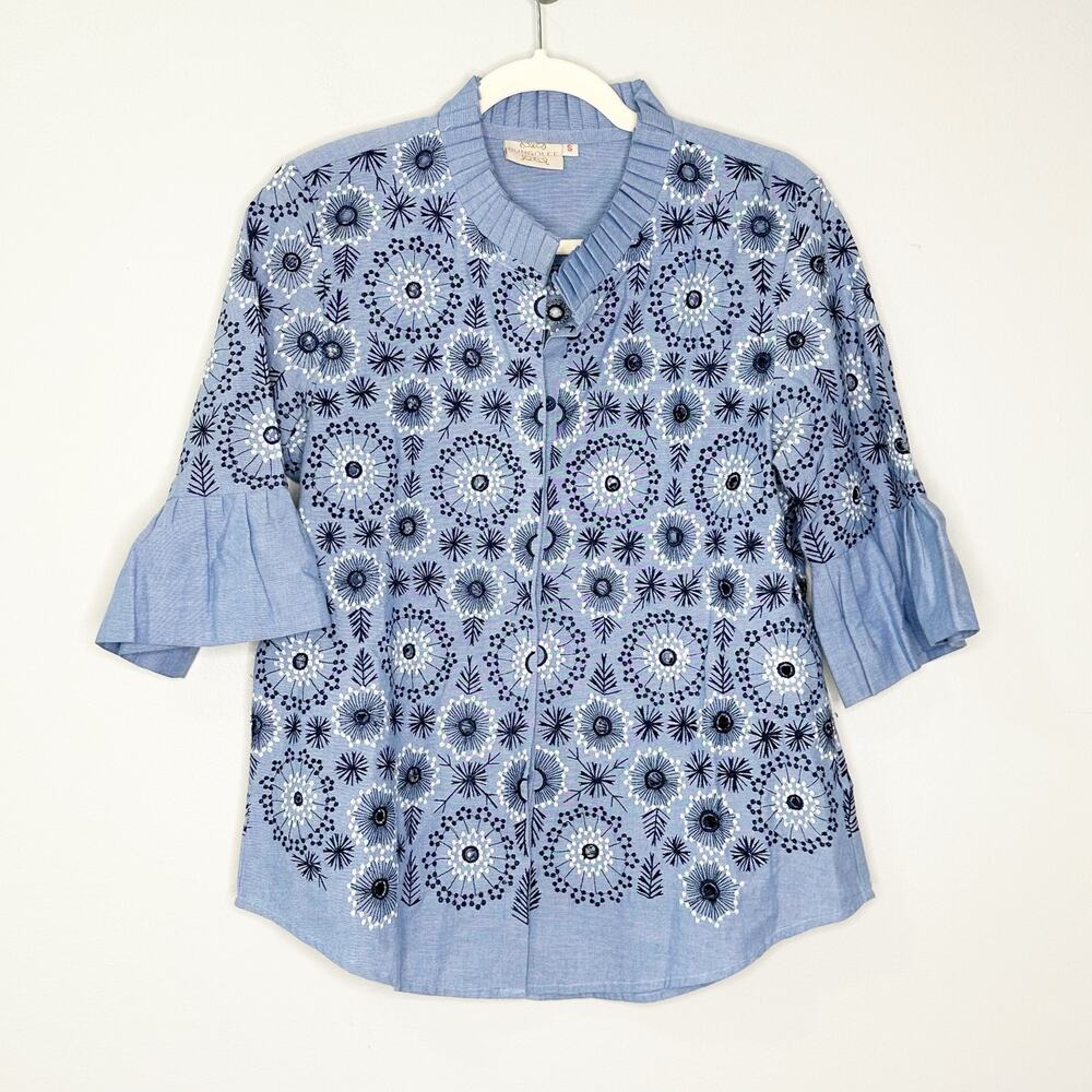 Rungolee Womens Floral Embroidered Pleated Collared 3/4 Bell Sleeve Blue Size S